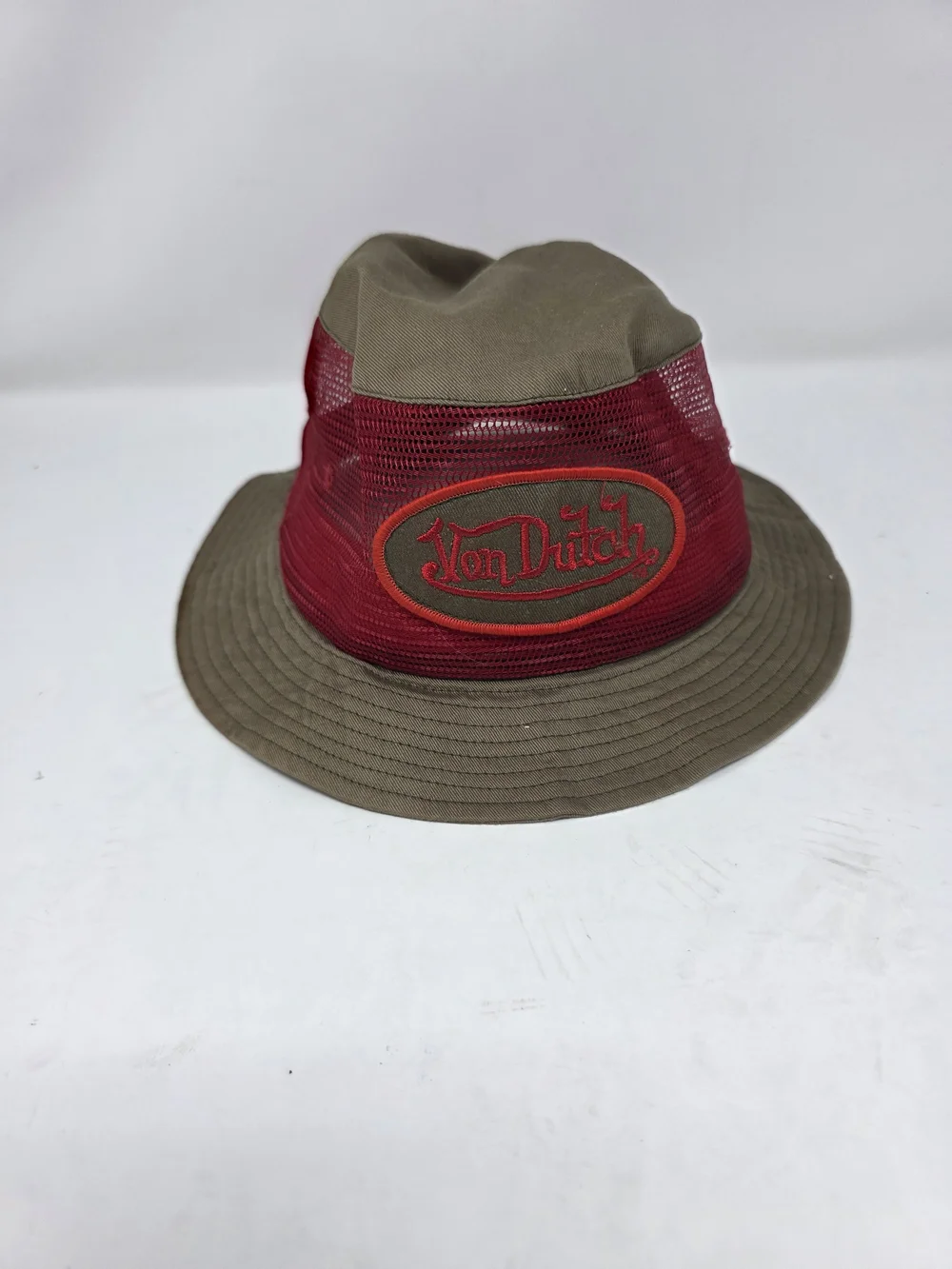 Vintage Von Dutch Y2K Olive Green Red Mesh Bucket Sun Hat 60cm